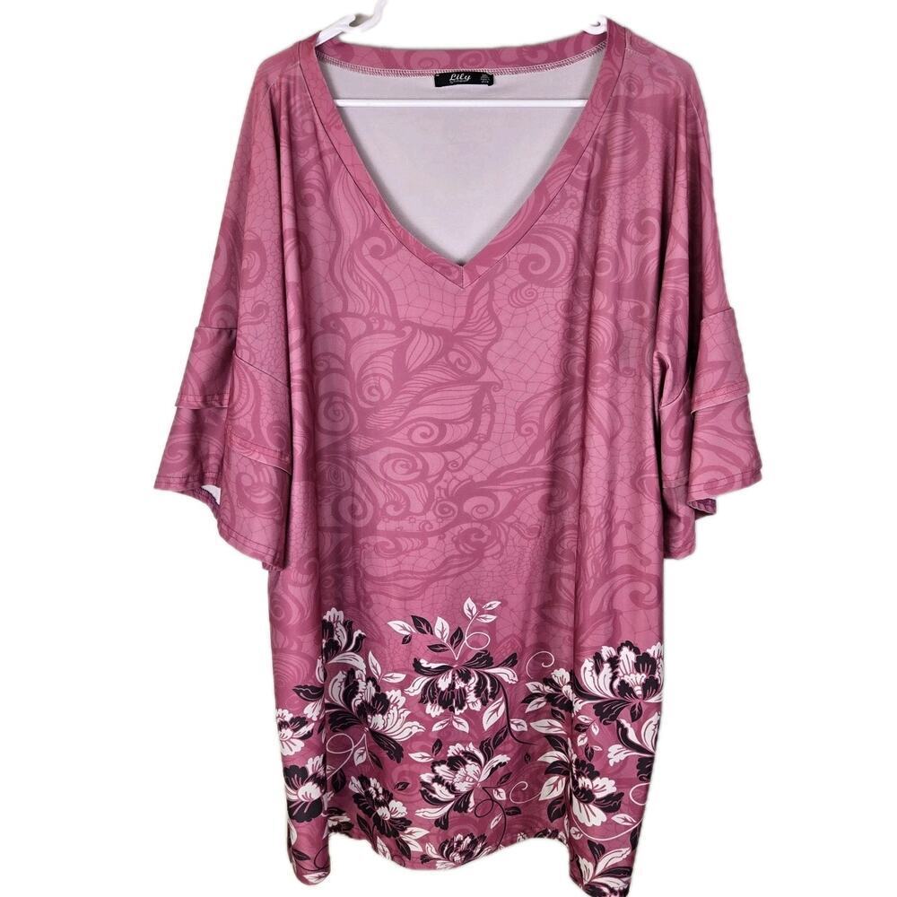 Lily by Firmiana Tunic Size 3XL Pink Floral Flutter Slv COASTAL GRANDMA Y2K